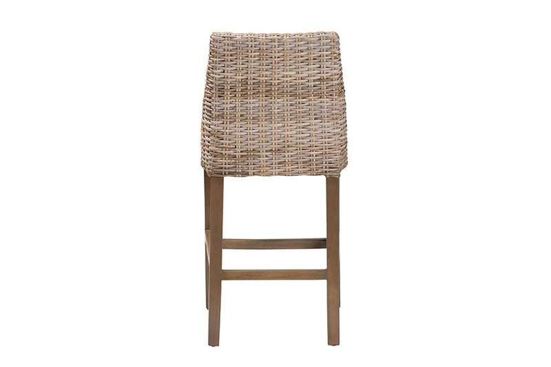 Mabelle Gray Kubu Rattan and Rustic Taupe Finished Mahogany Wood Counter Stool Baxton