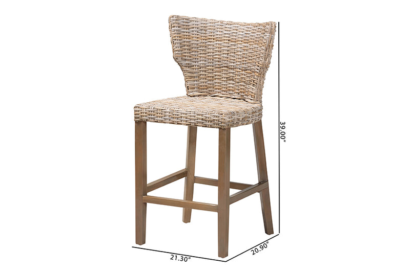 Audrey Modern Bohemian Gray Kubu Rattan and Mahogany Wood Counter Stool