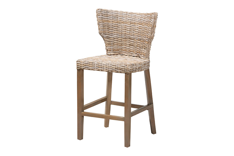 Audrey Modern Bohemian Gray Kubu Rattan and Mahogany Wood Counter Stool