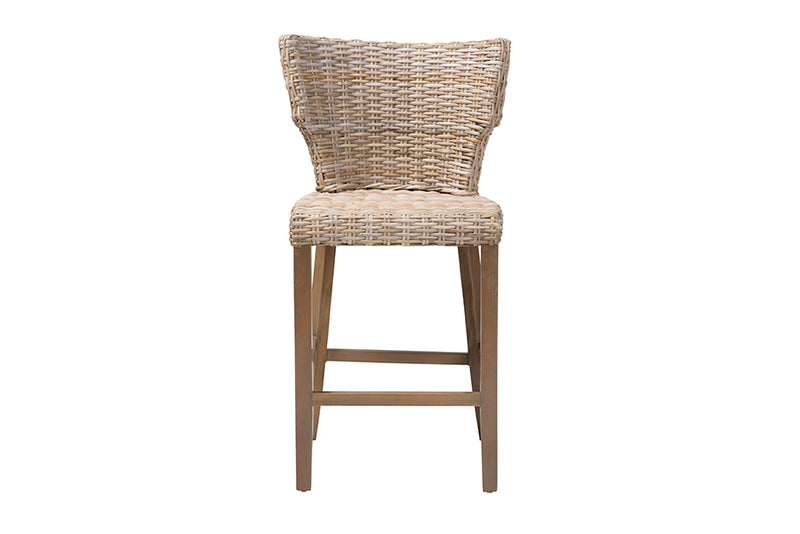 Audrey Modern Bohemian Gray Kubu Rattan and Mahogany Wood Counter Stool