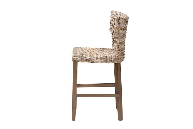 Audrey Modern Bohemian Gray Kubu Rattan and Mahogany Wood Counter Stool