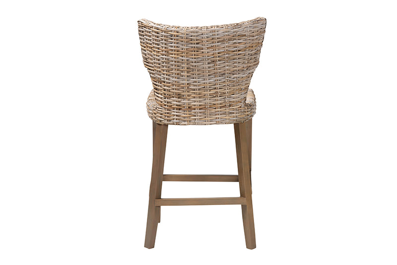 Audrey Modern Bohemian Gray Kubu Rattan and Mahogany Wood Counter Stool