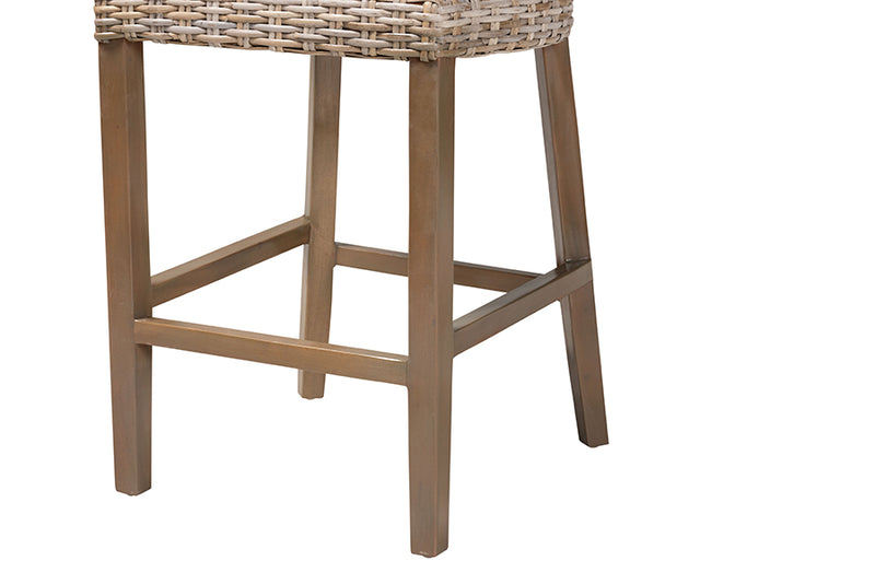 Audrey Modern Bohemian Gray Kubu Rattan and Mahogany Wood Counter Stool