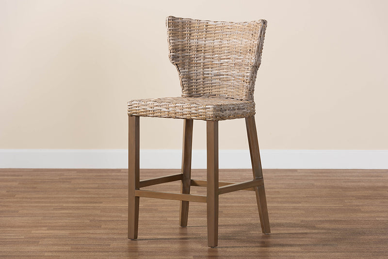 Audrey Modern Bohemian Gray Kubu Rattan and Mahogany Wood Counter Stool