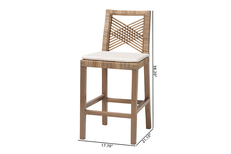 Chesterfield Gray Natural Kubu Rattan and Mahogany Wood Counter Stool Baxton
