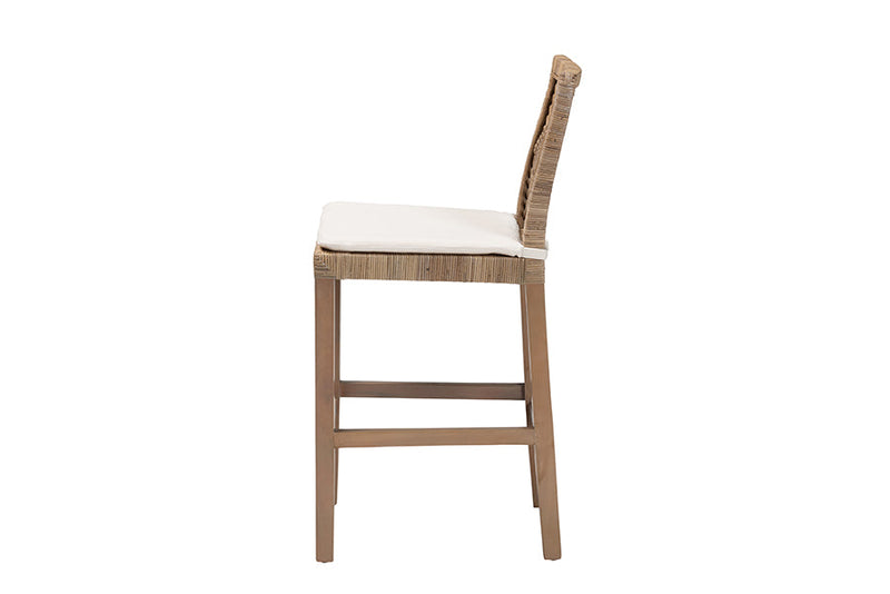 Chesterfield Gray Natural Kubu Rattan and Mahogany Wood Counter Stool Baxton