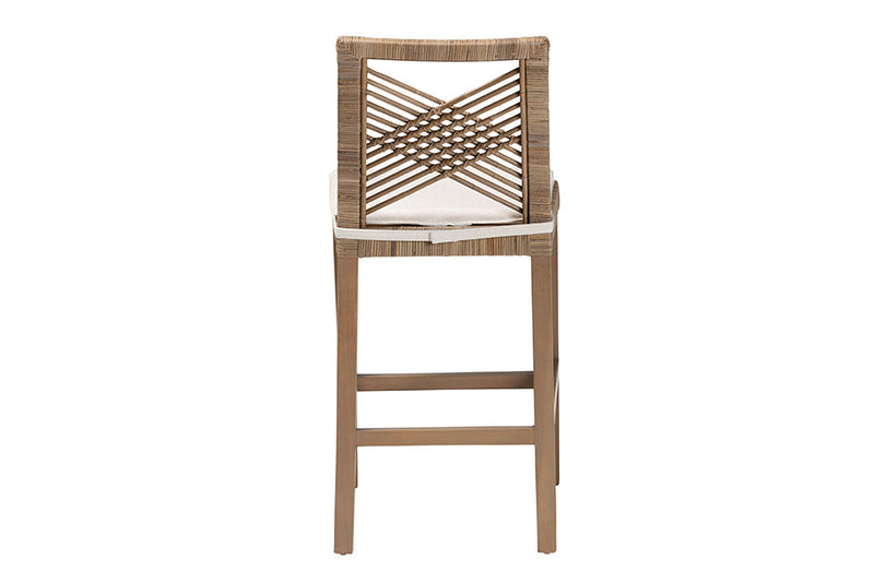 Chesterfield Gray Natural Kubu Rattan and Mahogany Wood Counter Stool Baxton