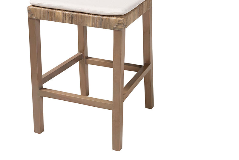 Chesterfield Gray Natural Kubu Rattan and Mahogany Wood Counter Stool Baxton