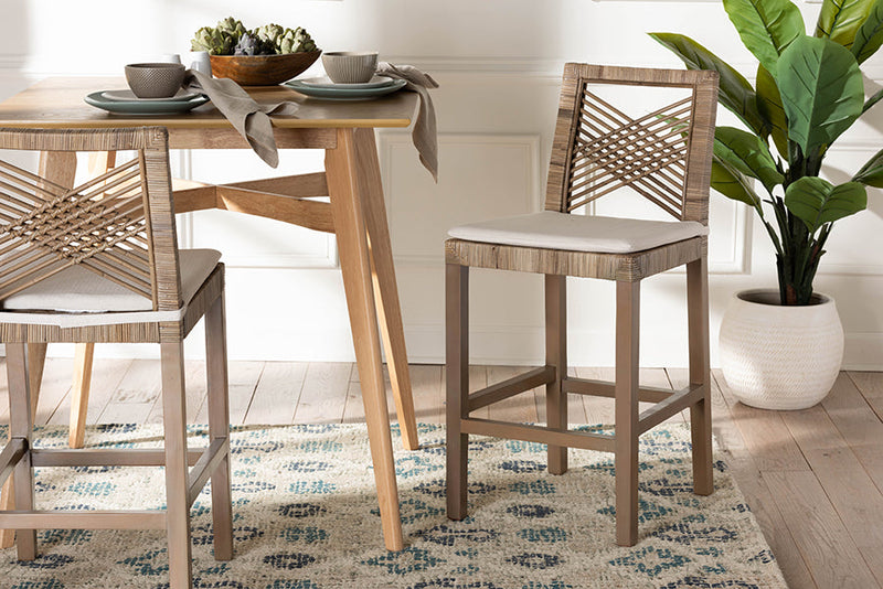 Chesterfield Gray Natural Kubu Rattan and Mahogany Wood Counter Stool Baxton