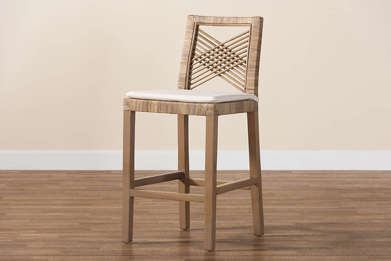 Chesterfield Gray Natural Kubu Rattan and Mahogany Wood Counter Stool Baxton