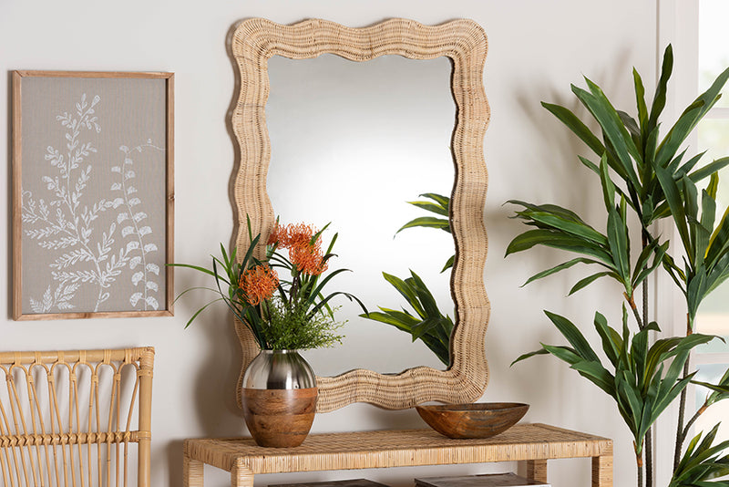 Nebu Bohemian Natural Scallop Rattan Accent Wall Mirror