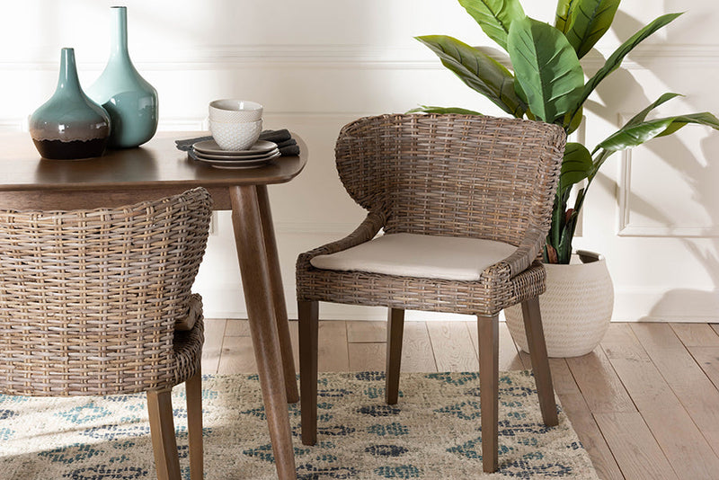 Colemar Bohemian Gray Natural Kubu Rattan and Mahogany Wood Dining Chair Baxton