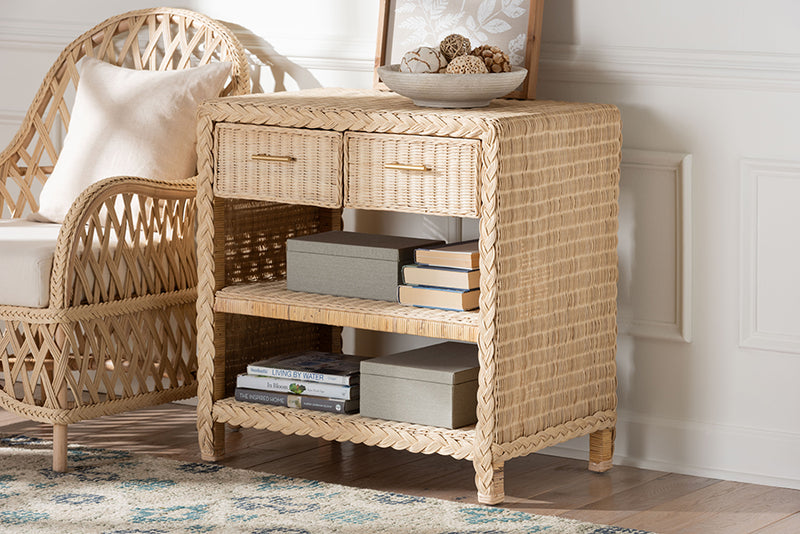 Prunella Japandi Sun Bleached Rattan 2-Drawer Console Table