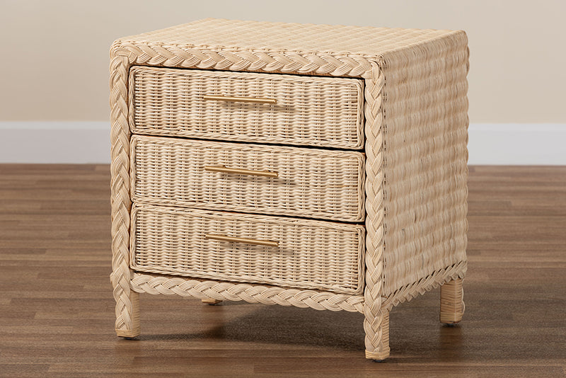 Prunella Japandi Sun Bleached Rattan 3-Drawer Nightstand