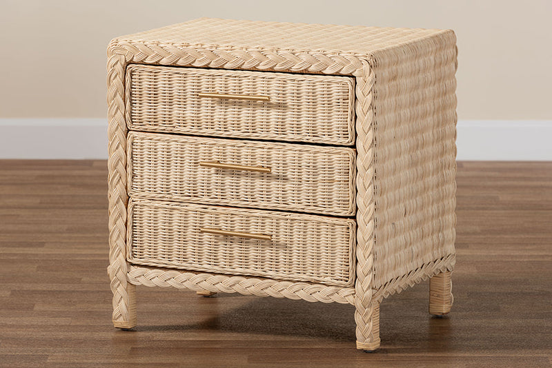 Prunella Japandi Sun Bleached Rattan 3-Drawer Nightstand Baxton