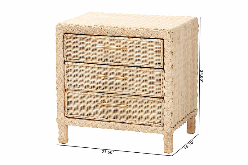 Prunella Japandi Sun Bleached Rattan 3-Drawer Nightstand