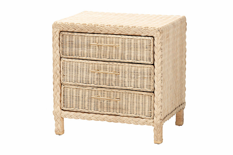 Prunella Japandi Sun Bleached Rattan 3-Drawer Nightstand Baxton