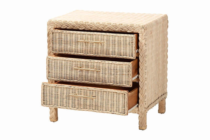 Prunella Japandi Sun Bleached Rattan 3-Drawer Nightstand Baxton