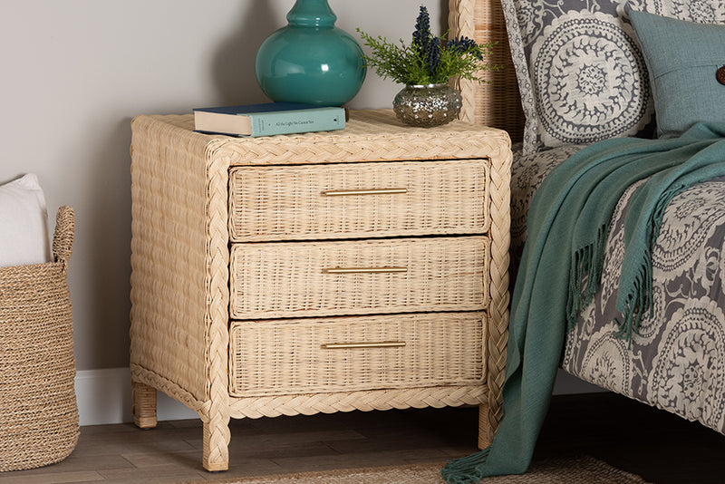 Prunella Japandi Sun Bleached Rattan 3-Drawer Nightstand