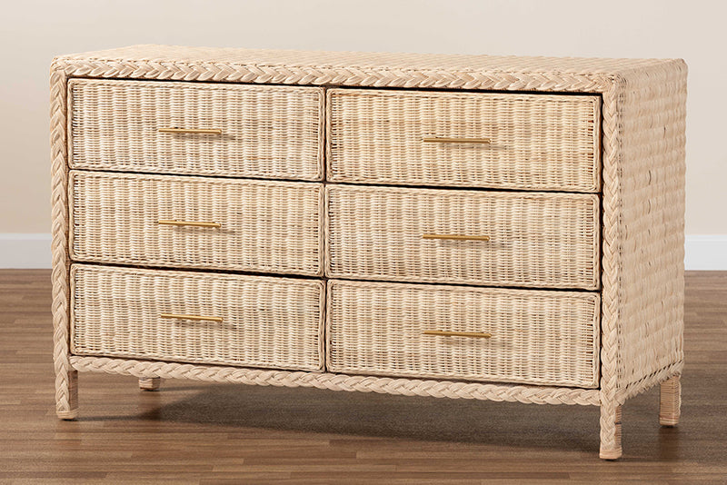 Prunella Japandi Sun-Bleached Braided Rattan 6-Drawer Dresser