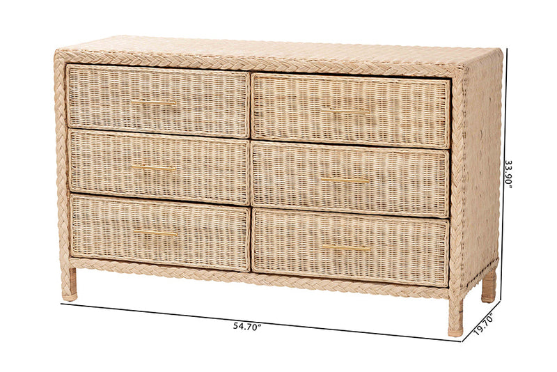 Prunella Japandi Sun-Bleached Braided Rattan 6-Drawer Dresser Baxton