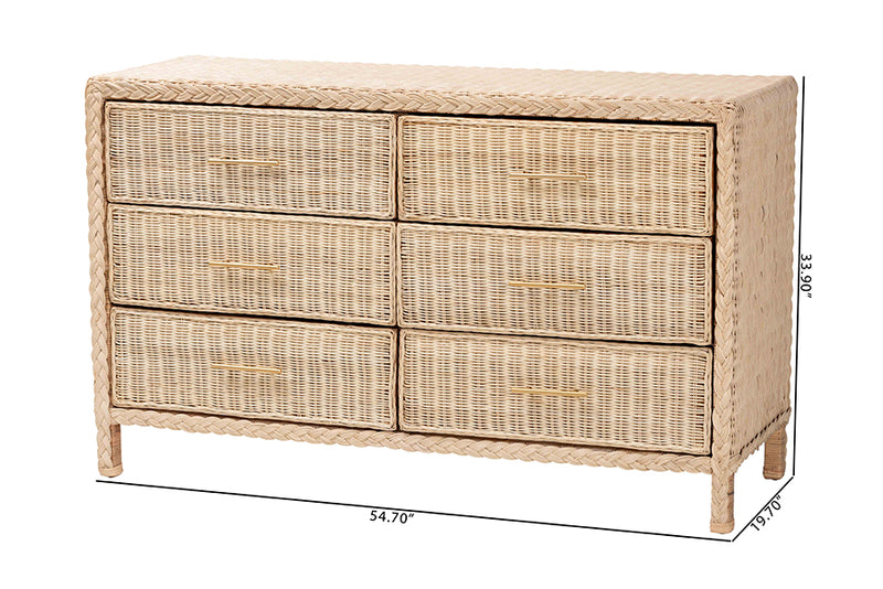 Prunella Japandi Sun-Bleached Braided Rattan 6-Drawer Dresser