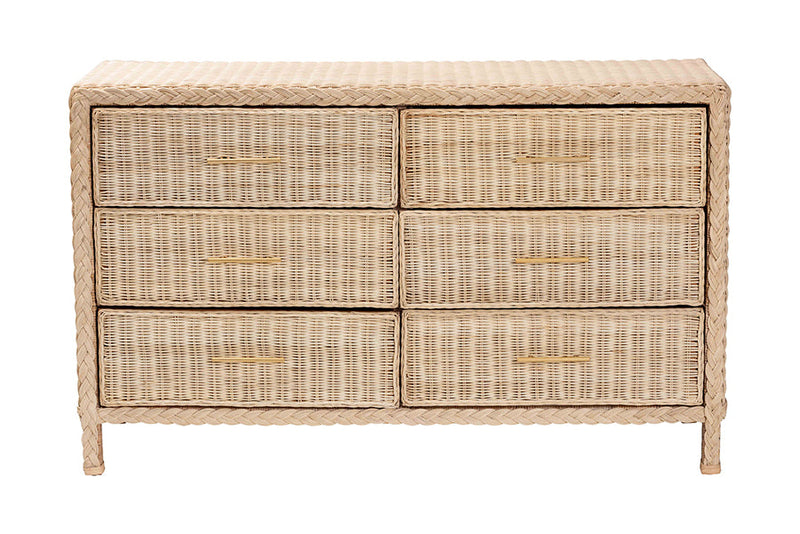 Prunella Japandi Sun-Bleached Braided Rattan 6-Drawer Dresser Baxton
