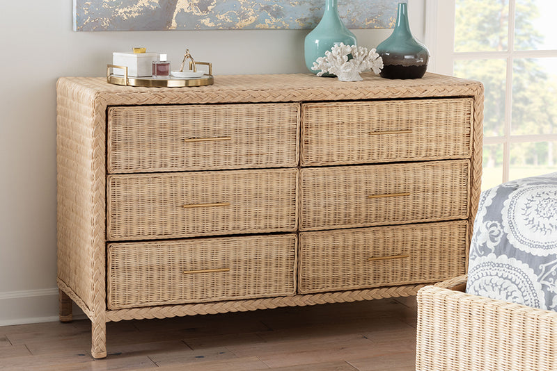 Prunella Japandi Sun-Bleached Braided Rattan 6-Drawer Dresser