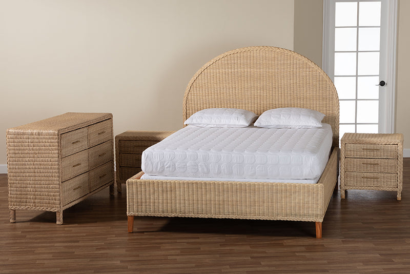 Prunella Japandi Sun-Bleached Braided Rattan Queen Size 4-Piece Bedroom Set