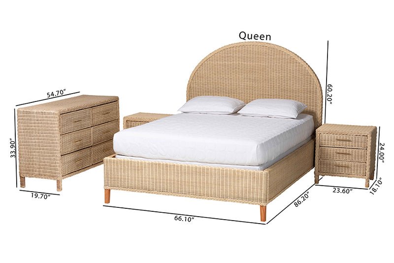 Prunella Japandi Sun-Bleached Braided Rattan Queen Size 4-Piece Bedroom Set