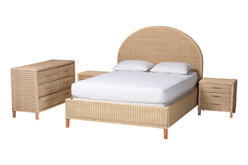 Prunella Japandi Sun-Bleached Braided Rattan Queen Size 4-Piece Bedroom Set