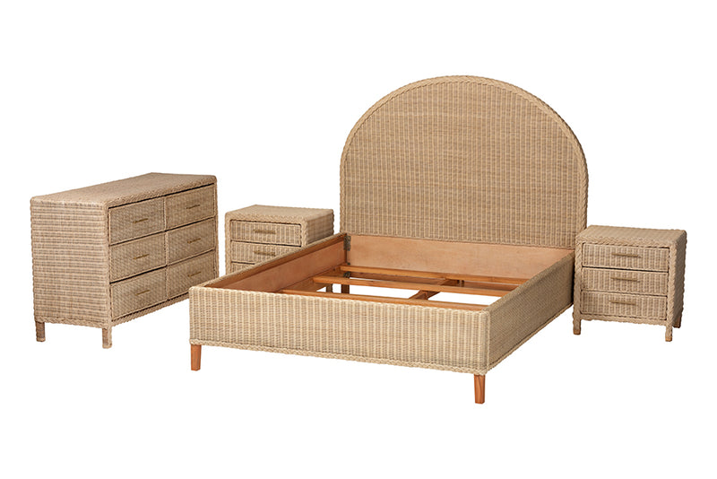 Prunella Japandi Sun-Bleached Braided Rattan Queen Size 4-Piece Bedroom Set