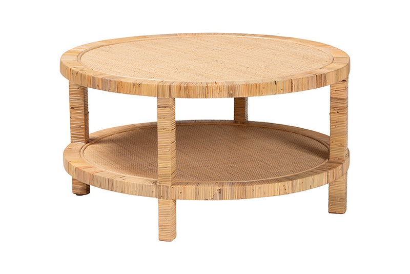 Giolla Bohemian Light Honey Rattan and Mahogany Wood Coffee Table Baxton