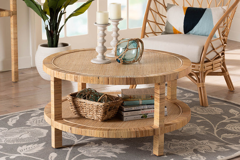 Giolla Bohemian Light Honey Rattan and Mahogany Wood Coffee Table Baxton