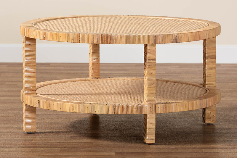 Giolla Bohemian Light Honey Rattan and Mahogany Wood Coffee Table