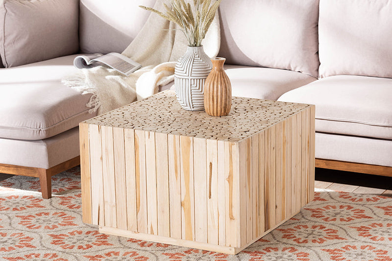 Mendel Bohemian Natural Teak Wood Coffee Table w/Unique Repurposed Wood Logs Baxton