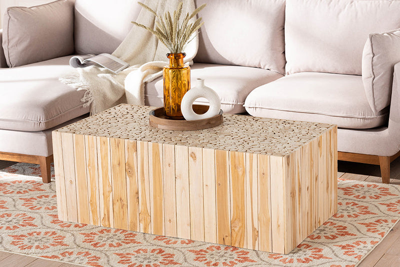 Jude Bohemian Natural Teak Wood Coffee Table w/Unique Repurposed Wood Logs Baxton