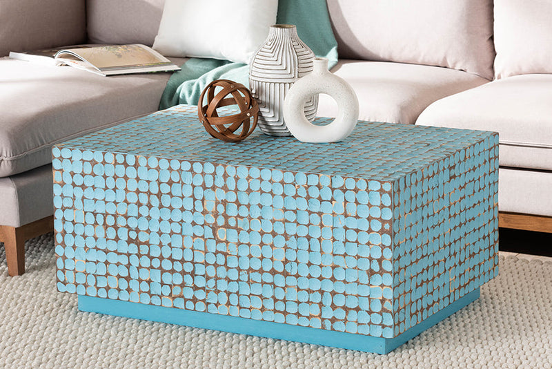 Stella Bohemian Blue Coconut Shell and Acacia Wood Coffee Table Baxton