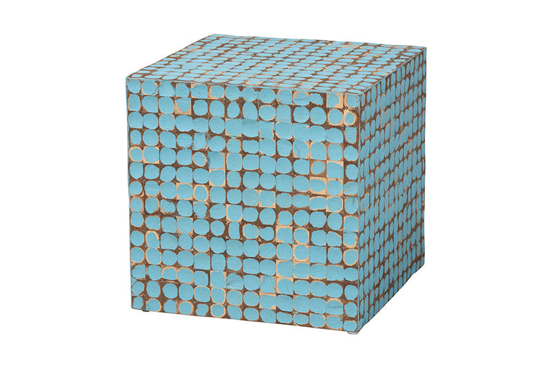 Ryo Bohemian Sky Blue Coconut Shell and Acacia Wood End Table Baxton