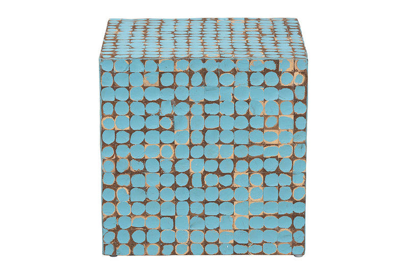 Ryo Bohemian Sky Blue Coconut Shell and Acacia Wood End Table Baxton