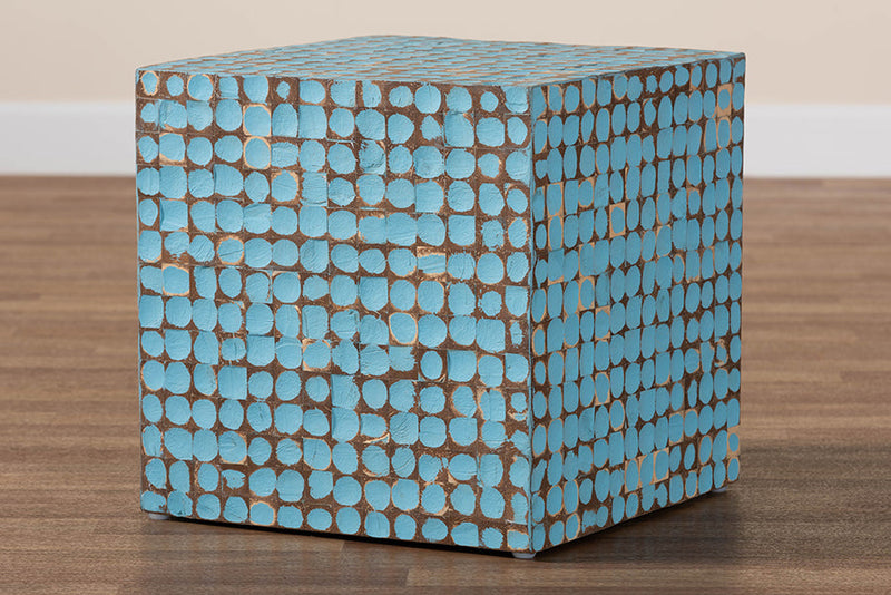 Ryo Bohemian Sky Blue Coconut Shell and Acacia Wood End Table Baxton
