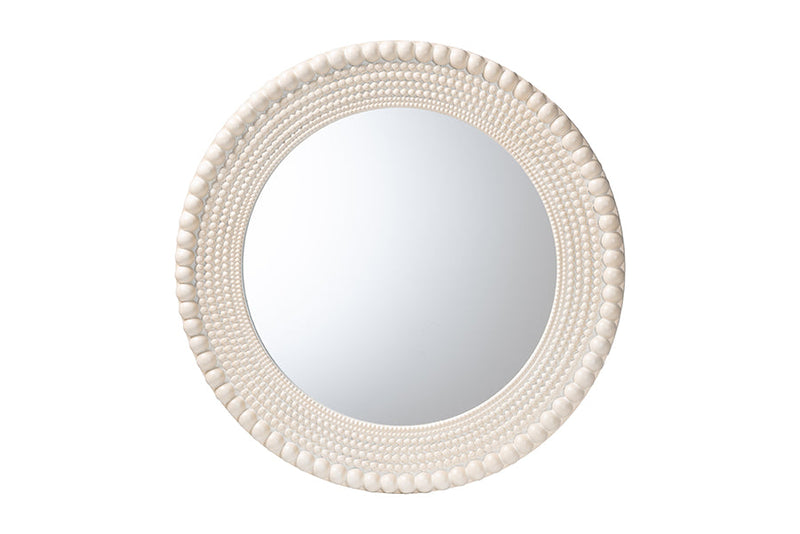 Rae Modern Round Beaded-framed Accent Mirror in Pearl White Baxton