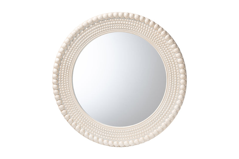 Rae Modern Round Beaded-framed Accent Mirror in Pearl White