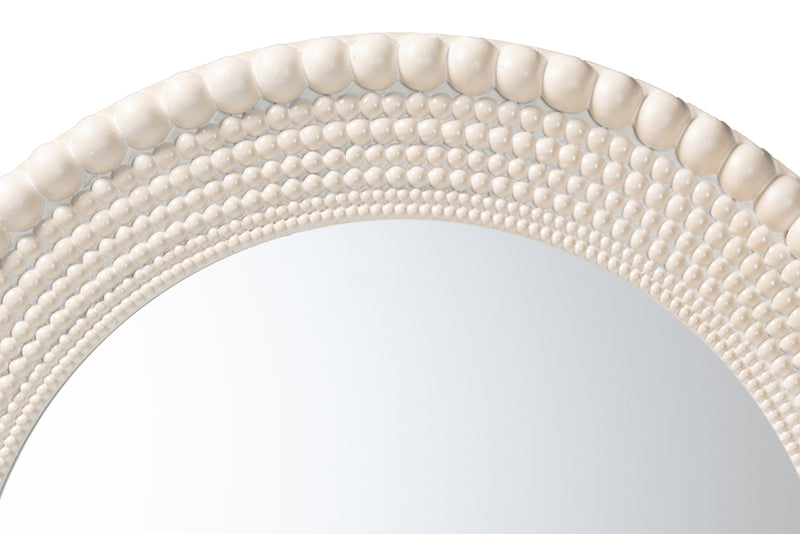 Rae Modern Round Beaded-framed Accent Mirror in Pearl White