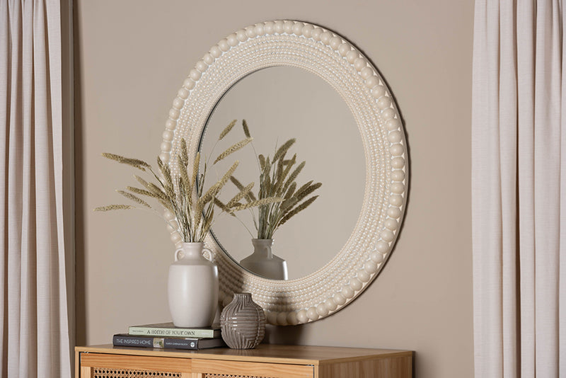 Rae Modern Round Beaded-framed Accent Mirror in Pearl White