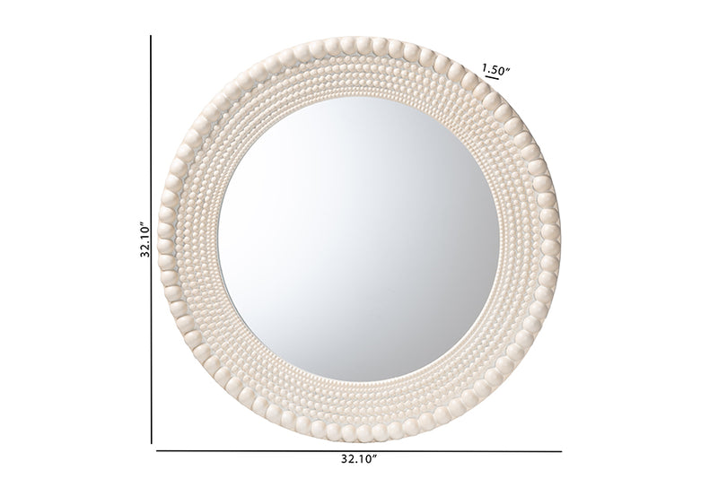 Rae Modern Round Beaded-framed Accent Mirror in Pearl White