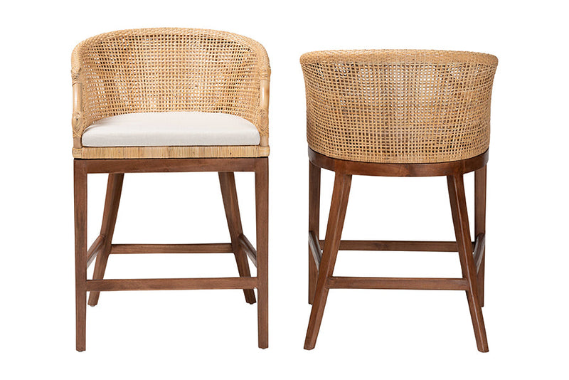 Morana Bohemian Light Honey Rattan and Wood 2Pc Counter Stool Set Baxton
