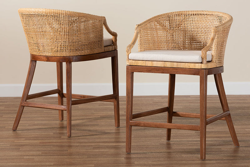 Morana Bohemian Light Honey Rattan and Wood 2Pc Counter Stool Set Baxton