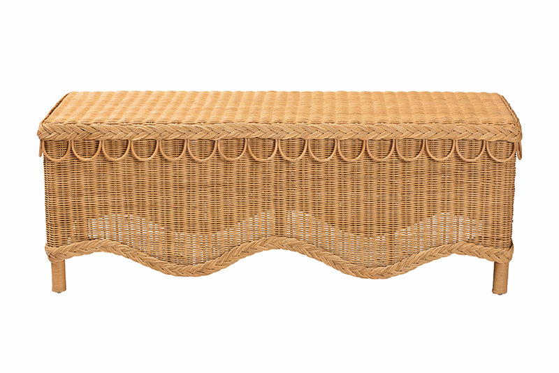 Jaden Bohemian Light Honey Rattan Accent Bench w/Scallop border