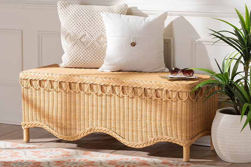 Jaden Bohemian Light Honey Rattan Accent Bench w/Scallop border